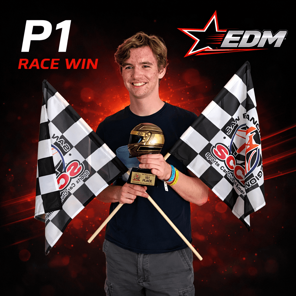 Trophy celebration with checkered flags